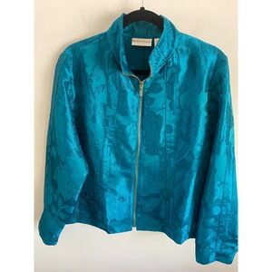 Drapers & Damons Womens Teal Blue Floral‎ Jacquard Zip Front Mock Neck Jacket L